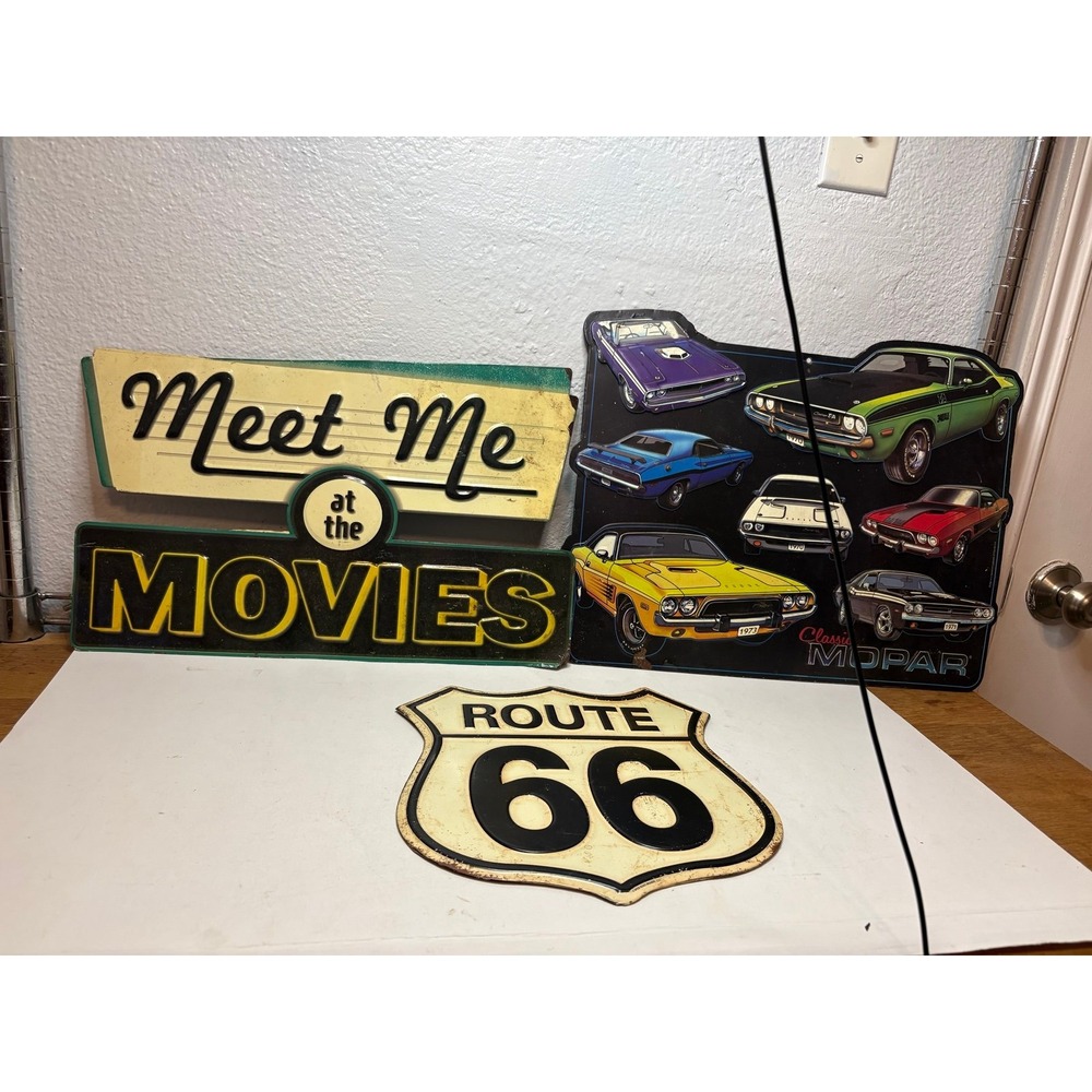 Lot of 3 Vintage Style Metal Signs: Route 66, Classic Mopar, Movies Garage Decor